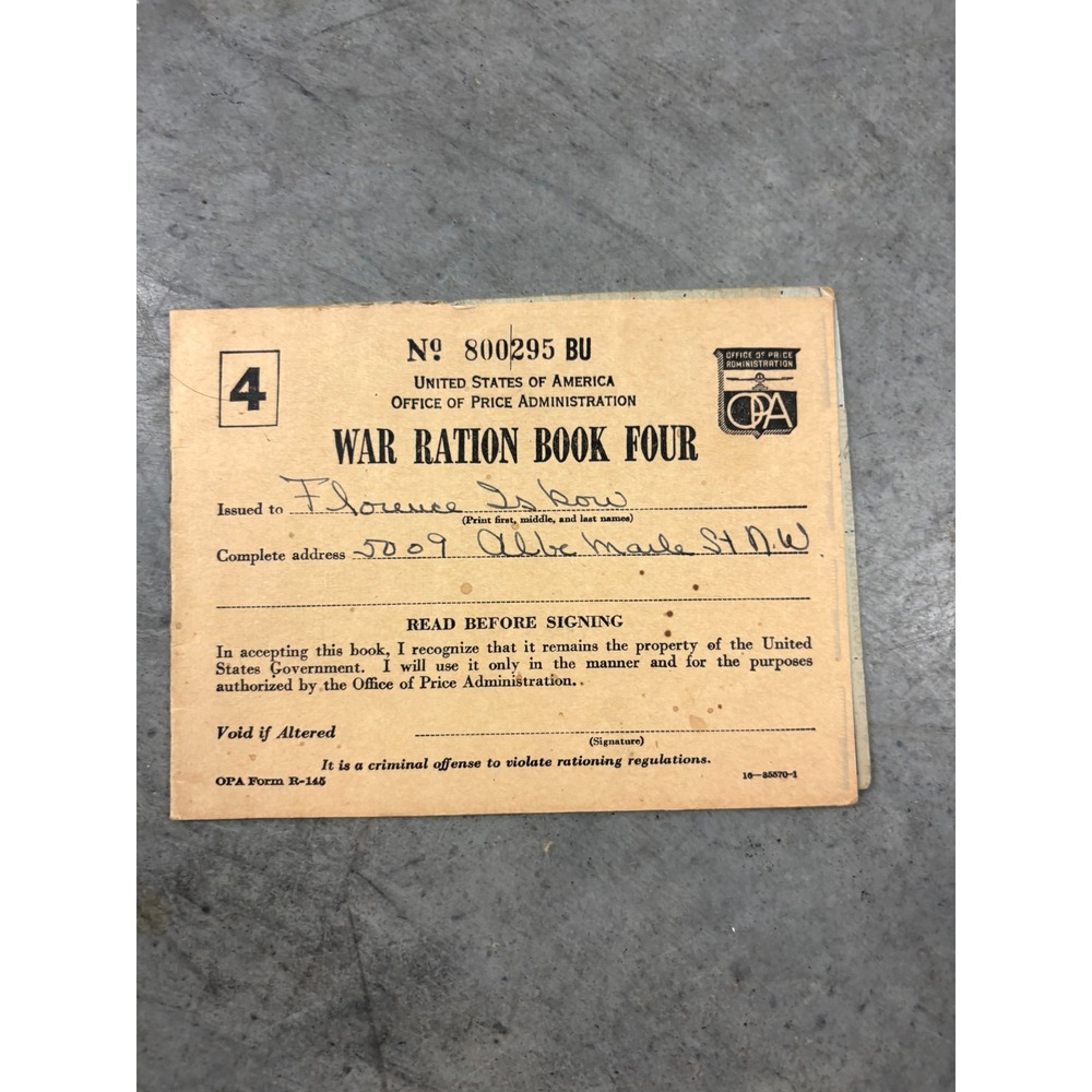Original 1943 WWII War Ration Book Four OPA R-145 With Stamps Washington DC